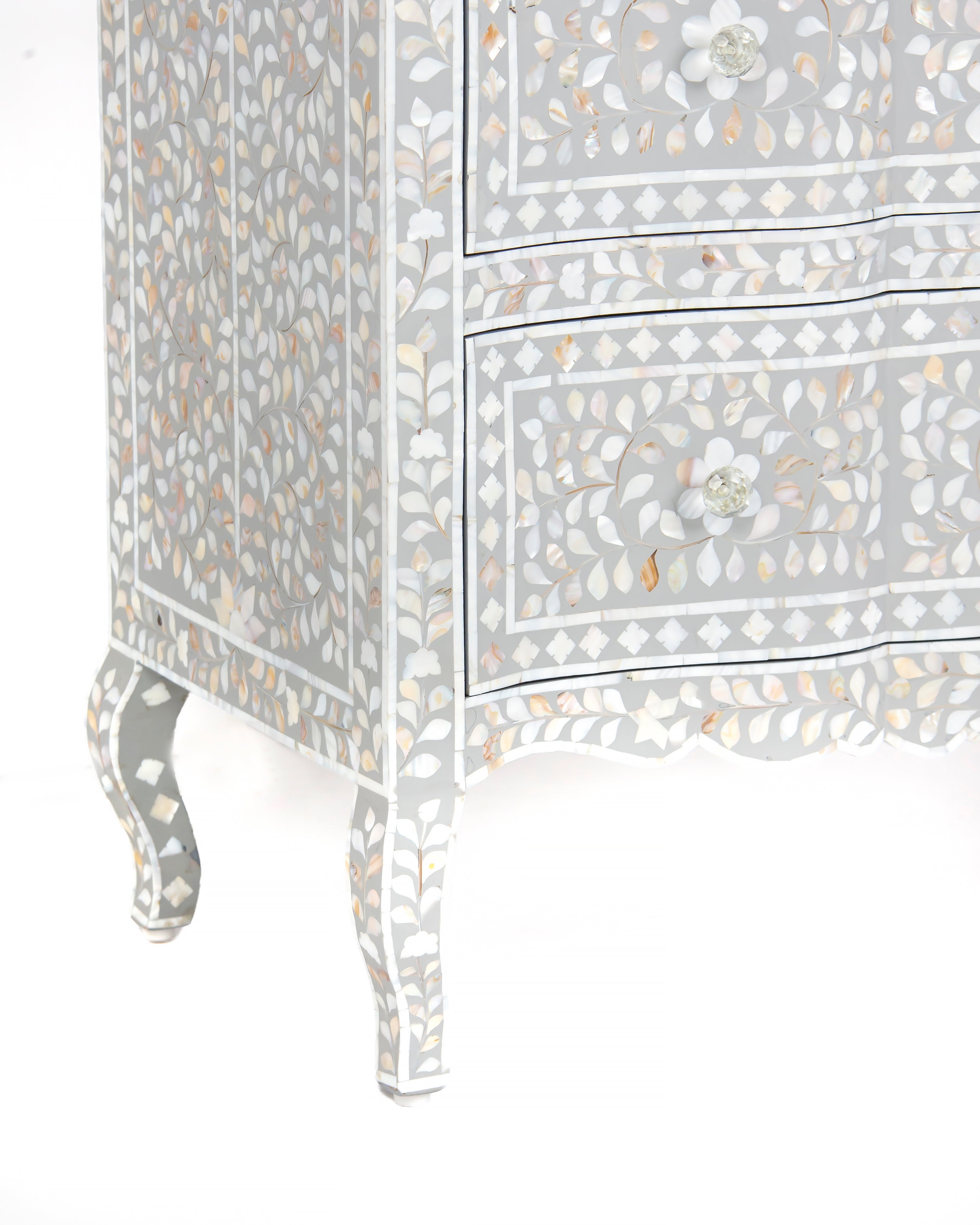 Cabriole legs and lower inlay detail on Iris grey chest of drawers