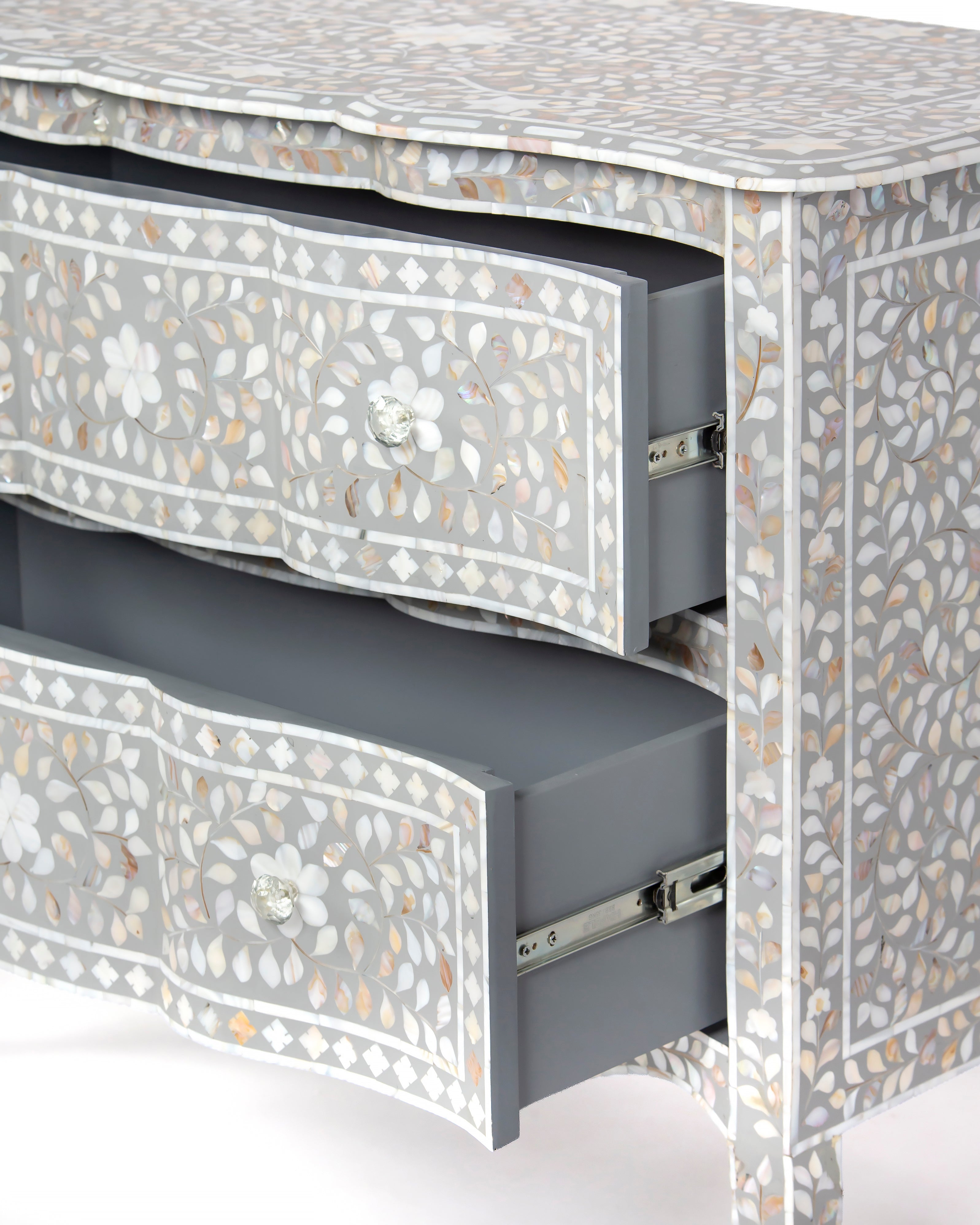 Iris grey chest of drawers with both drawers open on smooth metal runners