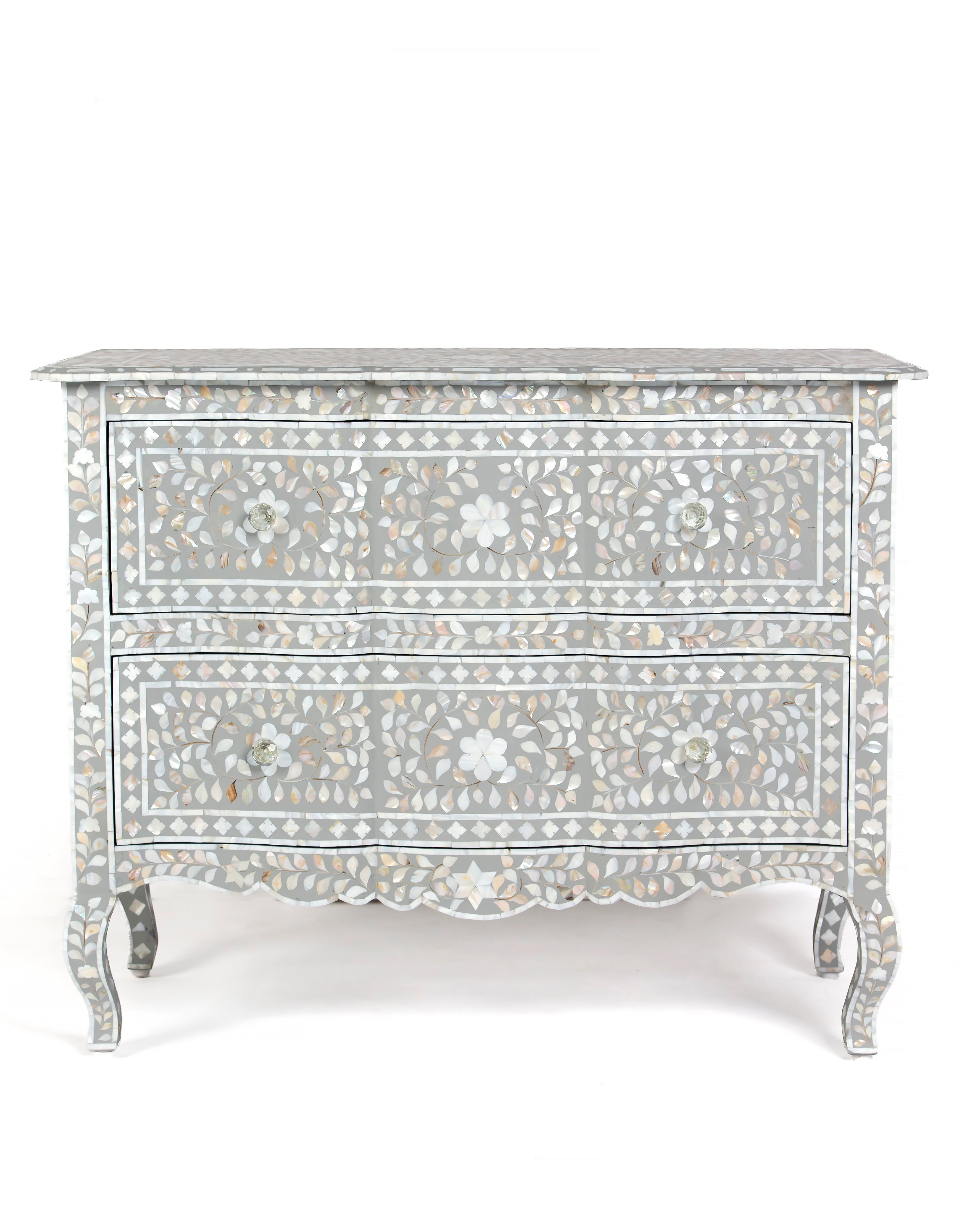 Iris grey chest of drawers with floral mother of pearl inlay, front view