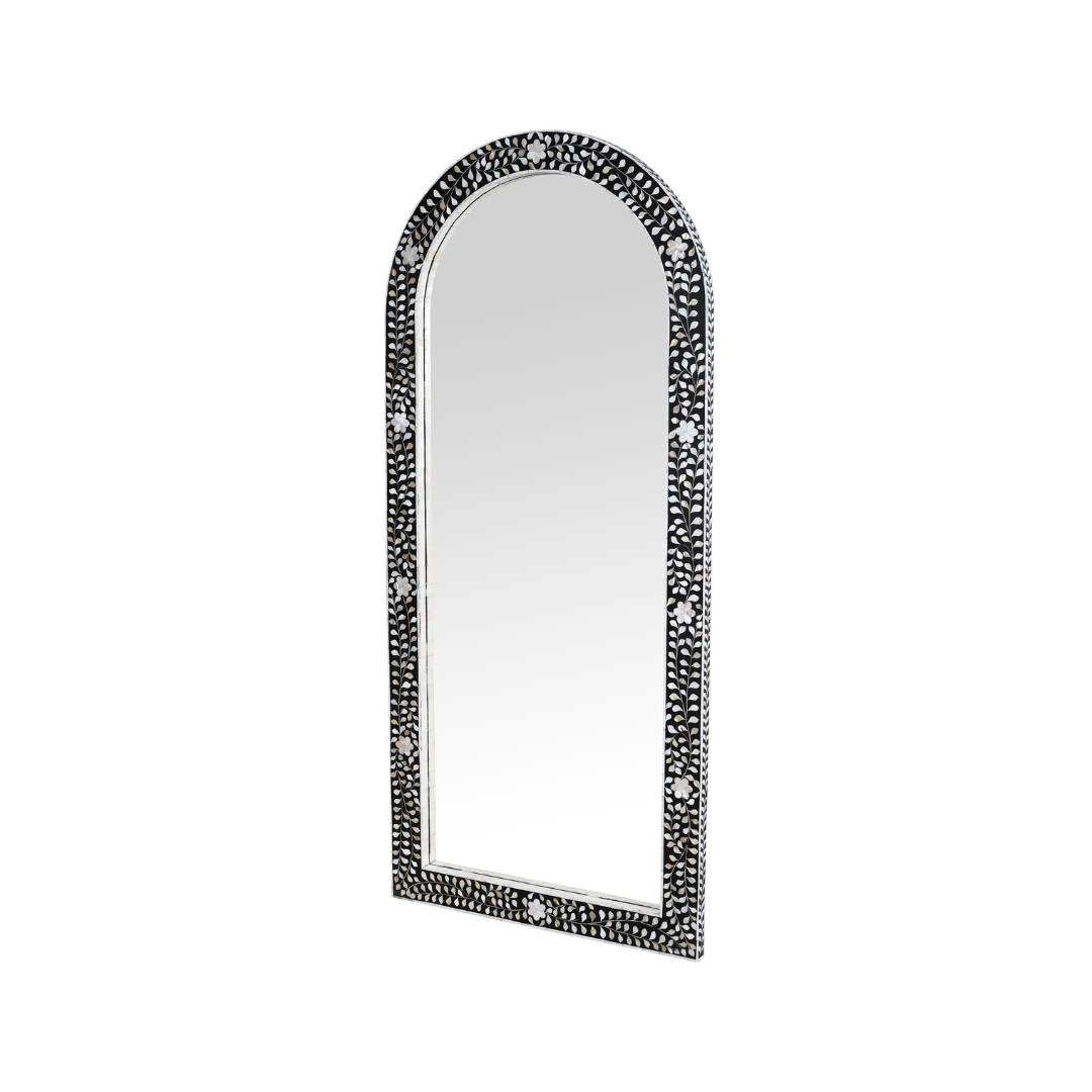 Elegant black mother of pearl inlay mirror with floral pattern