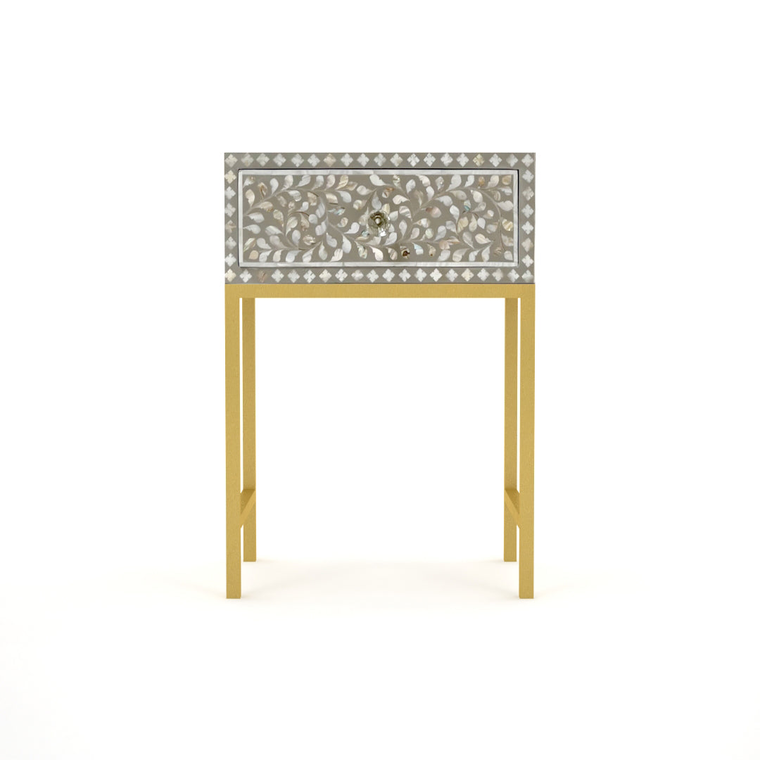Grey mother of pearl inlay side drawer with gold base, crafted in floral design