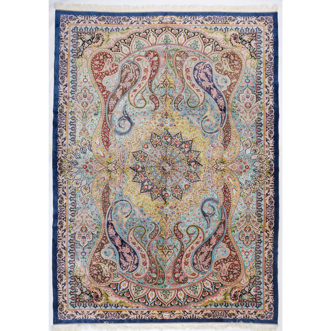 High-detail silk rug featuring a central medallion, ornate paisleys, and floral motifs in jewel tones. Perfect for elegant interiors.
