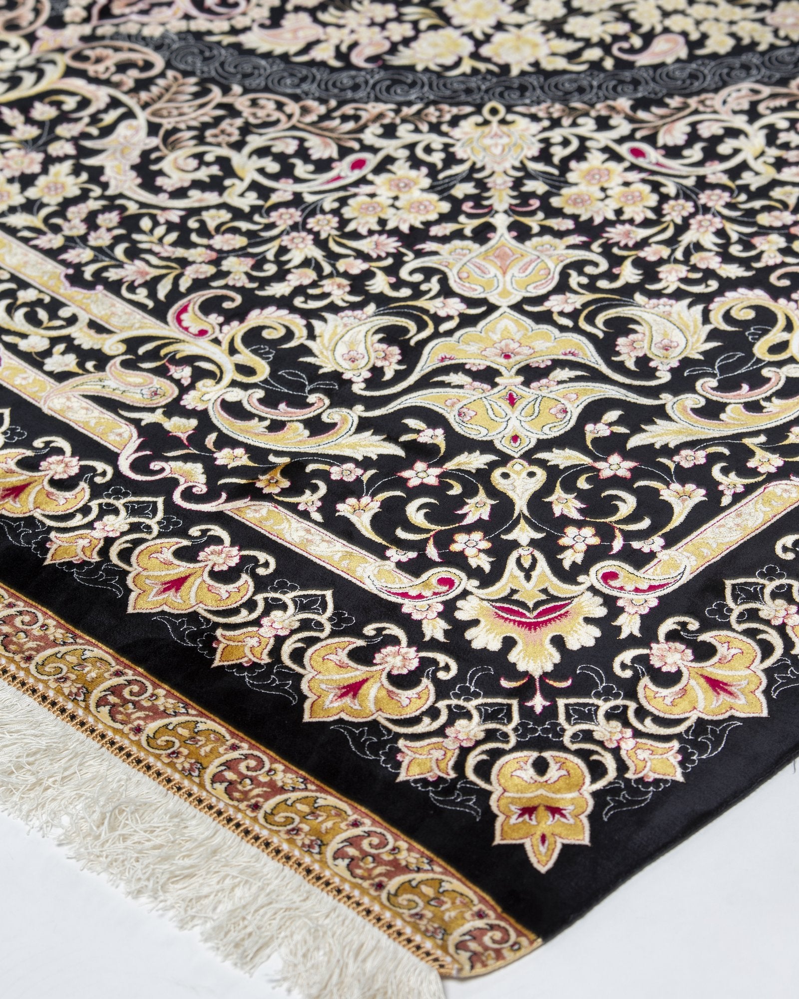 Isolde silk carpet angled view showing black and gold tones, 200 x 300 cm - Tabeer Homes Dubai