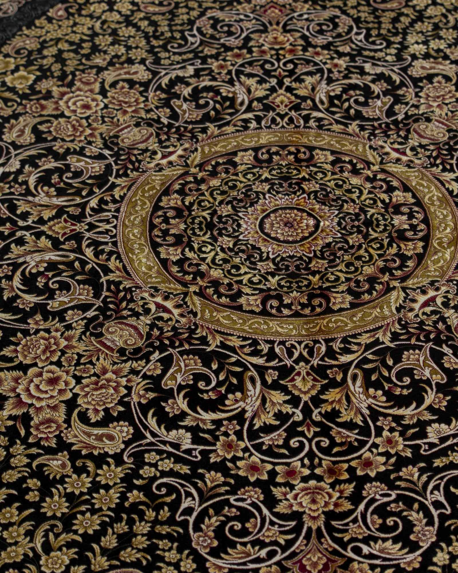 Isolde silk carpet floral motif close-up in black and gold, 200 x 300 cm - Tabeer Homes Dubai
