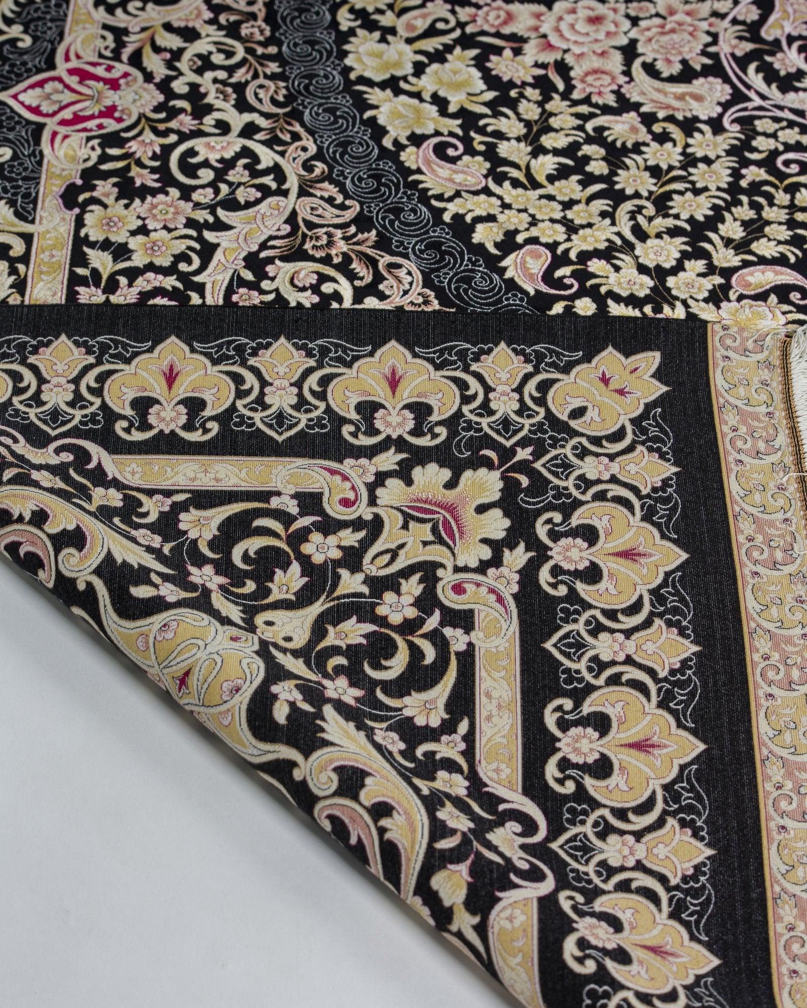 Isolde Persian silk rug side view showing depth of colour, black and gold 200 x 300 cm - Tabeer Homes Dubai
