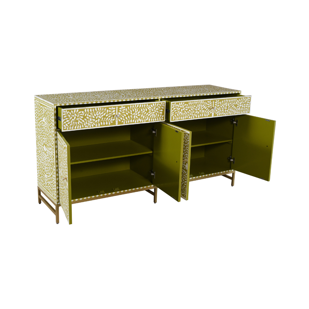 Yellow bone inlay sideboard buffet with floral pattern, four doors, two drawers, and gold metal base, handcrafted design.