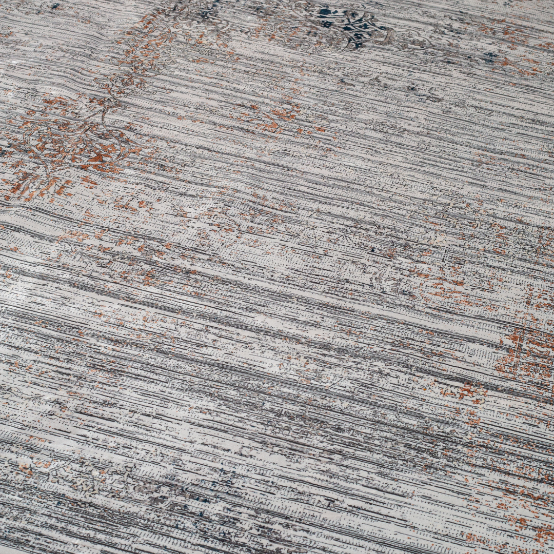 Kaelis Cotton rug in 400x300 cm featuring muted tones of grey, ivory, blue, and burnt orange in a softly distressed modern texture.