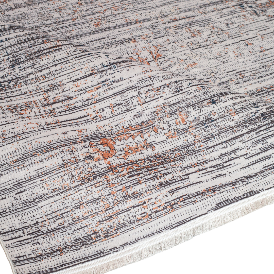 Kaelis Cotton rug in 400x300 cm featuring muted tones of grey, ivory, blue, and burnt orange in a softly distressed modern texture.