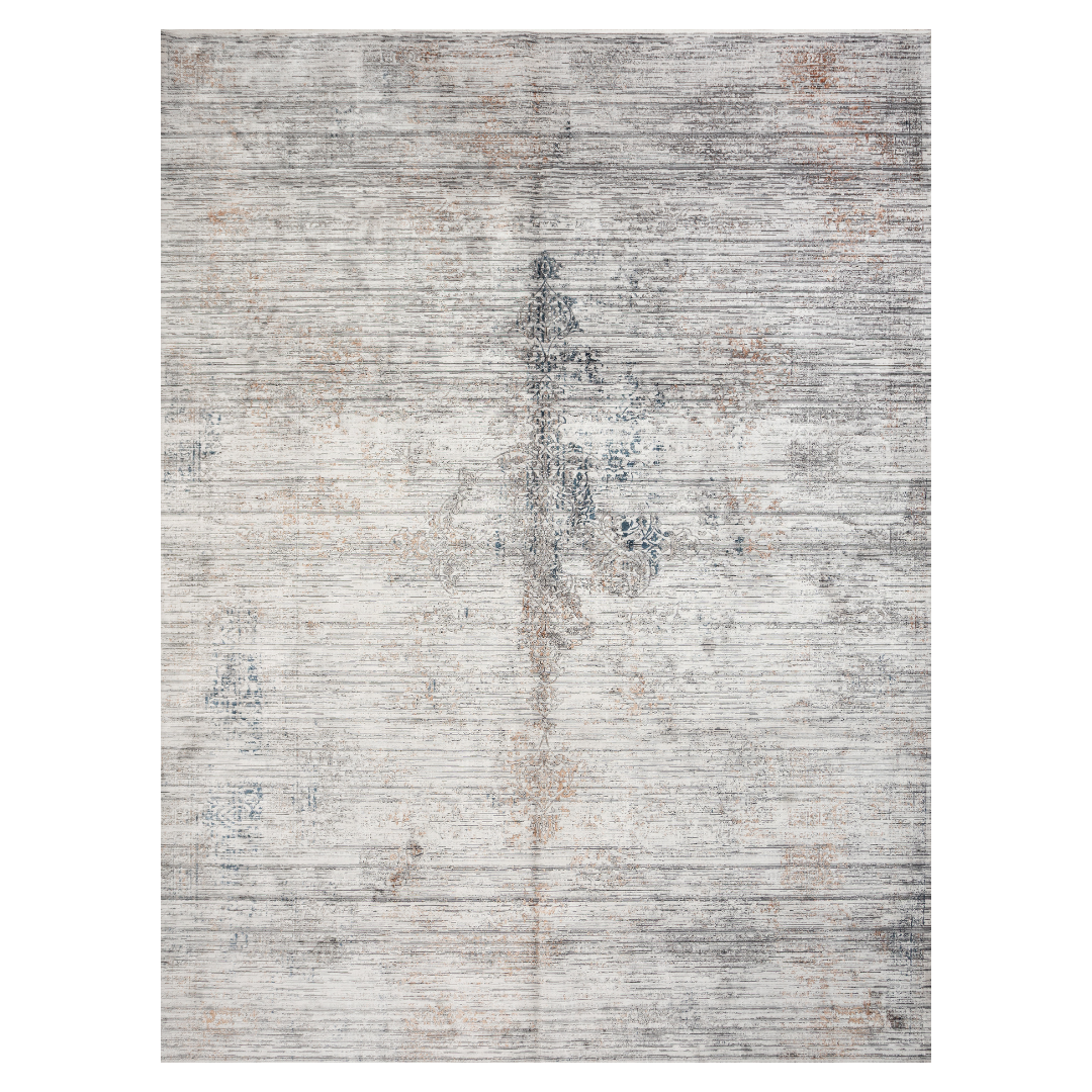 Kaelis Cotton rug in 400x300 cm featuring muted tones of grey, ivory, blue, and burnt orange in a softly distressed modern texture.