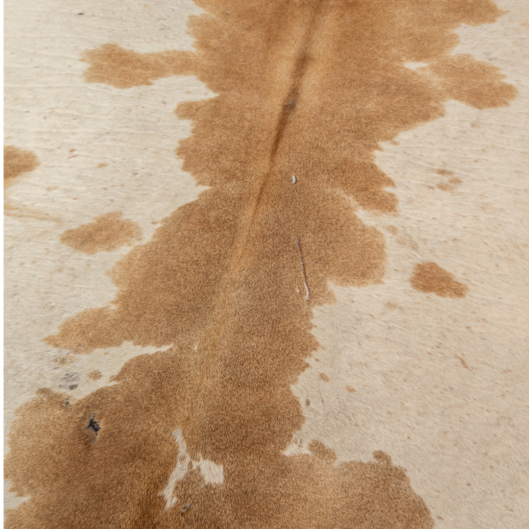 Natural cowhide rug with beige and chestnut brown markings, organic shape, and smooth textured finish.