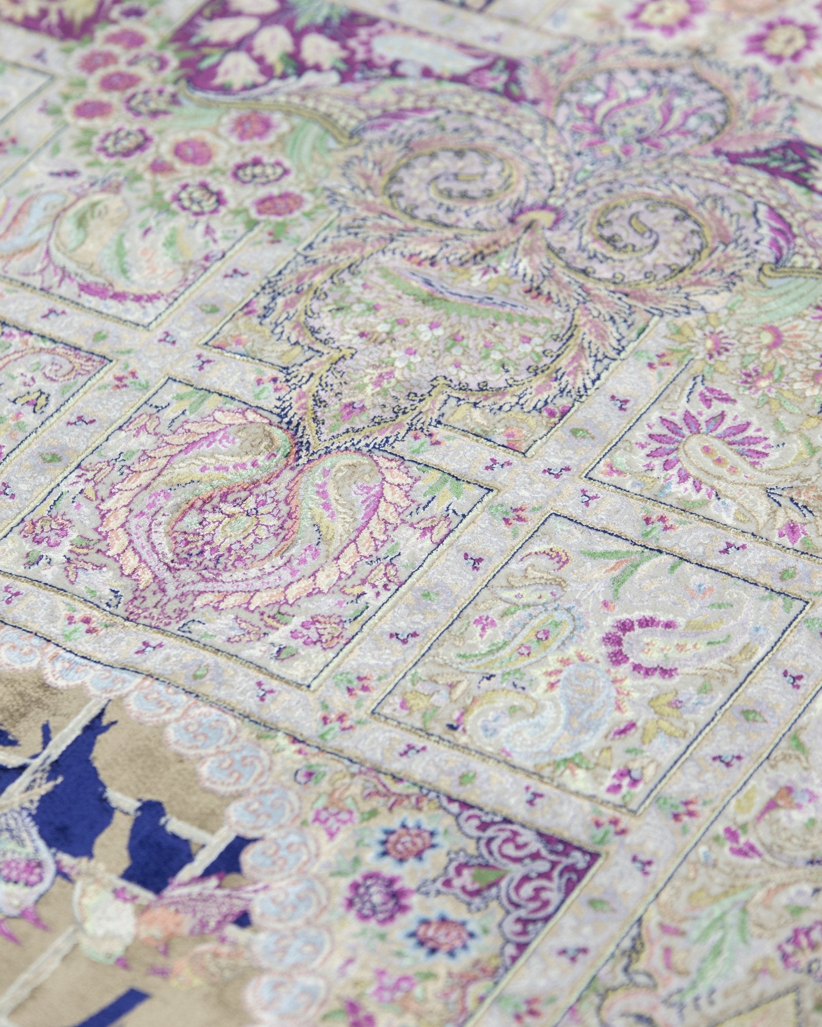 Katayoun Persian silk and wool rug folded corner showing fine weave, violet 200 x 300 cm - Tabeer Homes Dubai