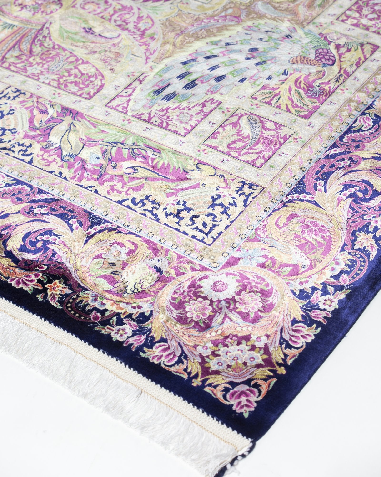 Katayoun Persian silk and wool rug side view showing depth of colour, violet 200 x 300 cm - Tabeer Homes Dubai