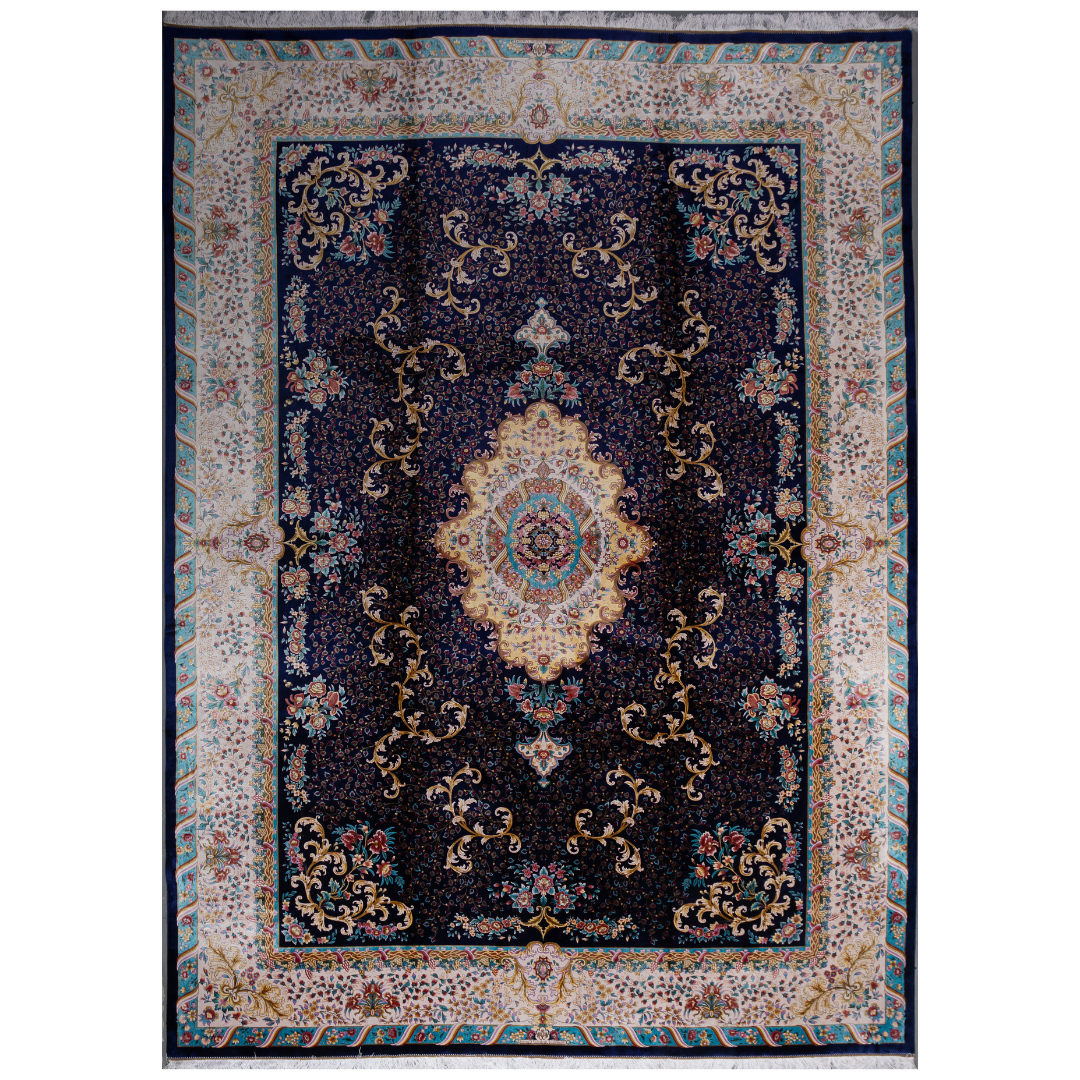 Elegant navy silk rug with detailed floral medallion, ornate cream border, and rich Persian-inspired design in gold, coral, and turquoise tones.