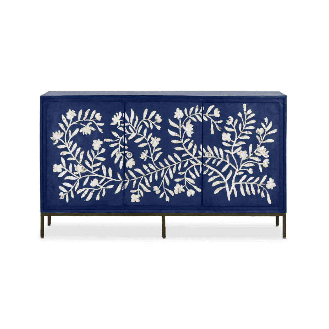 Handcrafted blue cabinet with intricate mother-of-pearl inlay, featuring a floral pattern and sleek metal legs. A luxurious storage solution for any space.