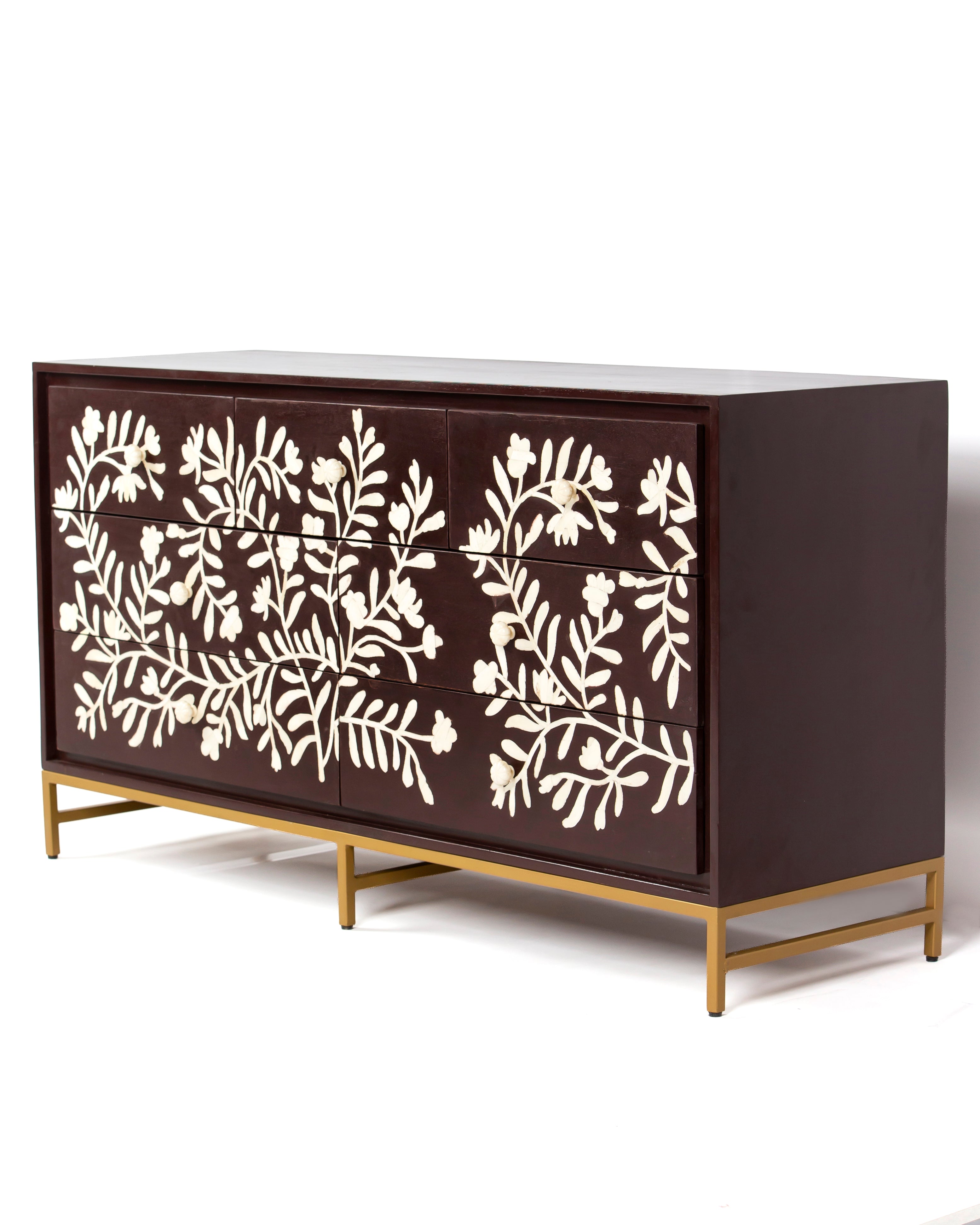 Luna burgundy bone inlay dresser, left angle view