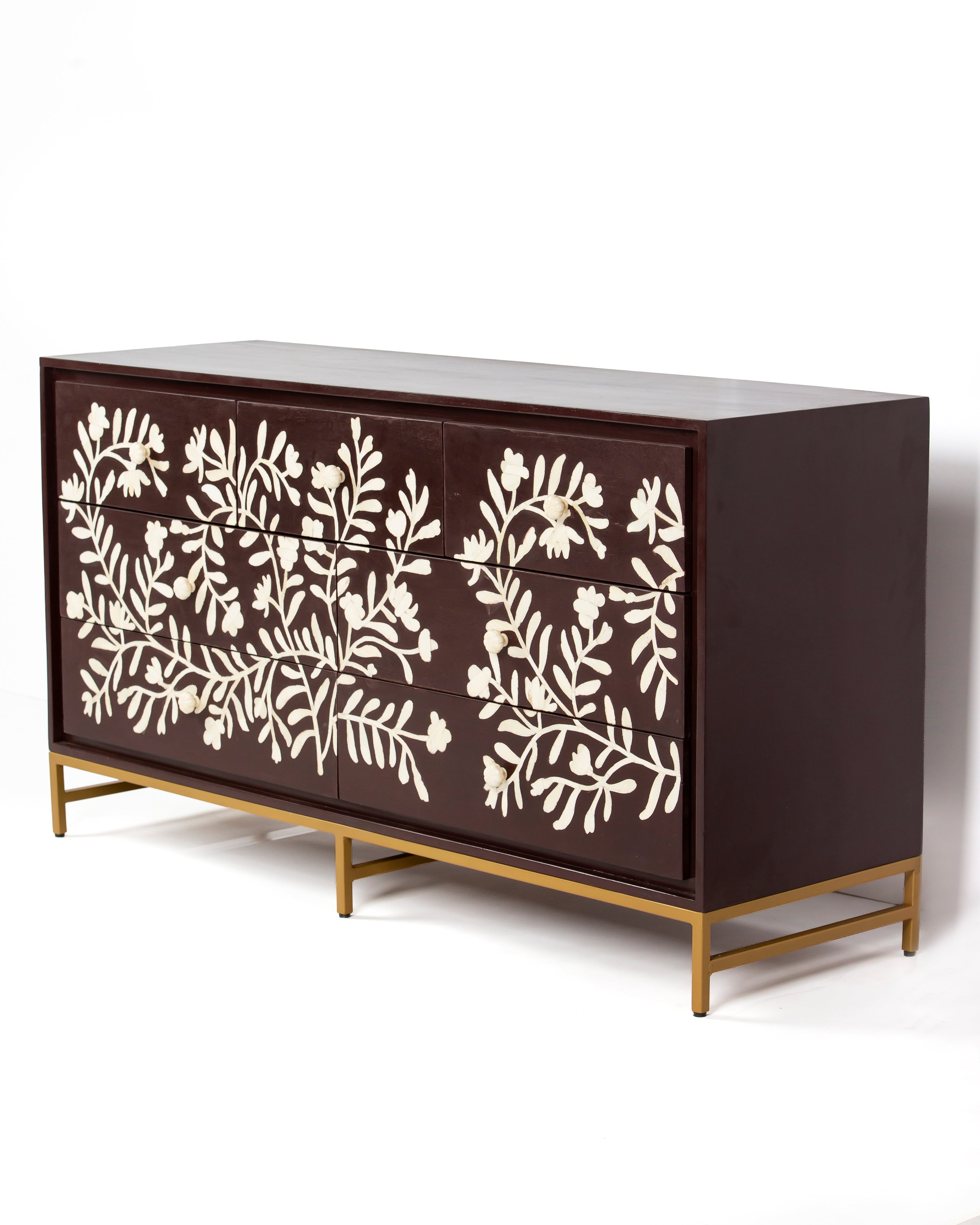 Luna 7 drawer dresser in burgundy with bone inlay, right angle view