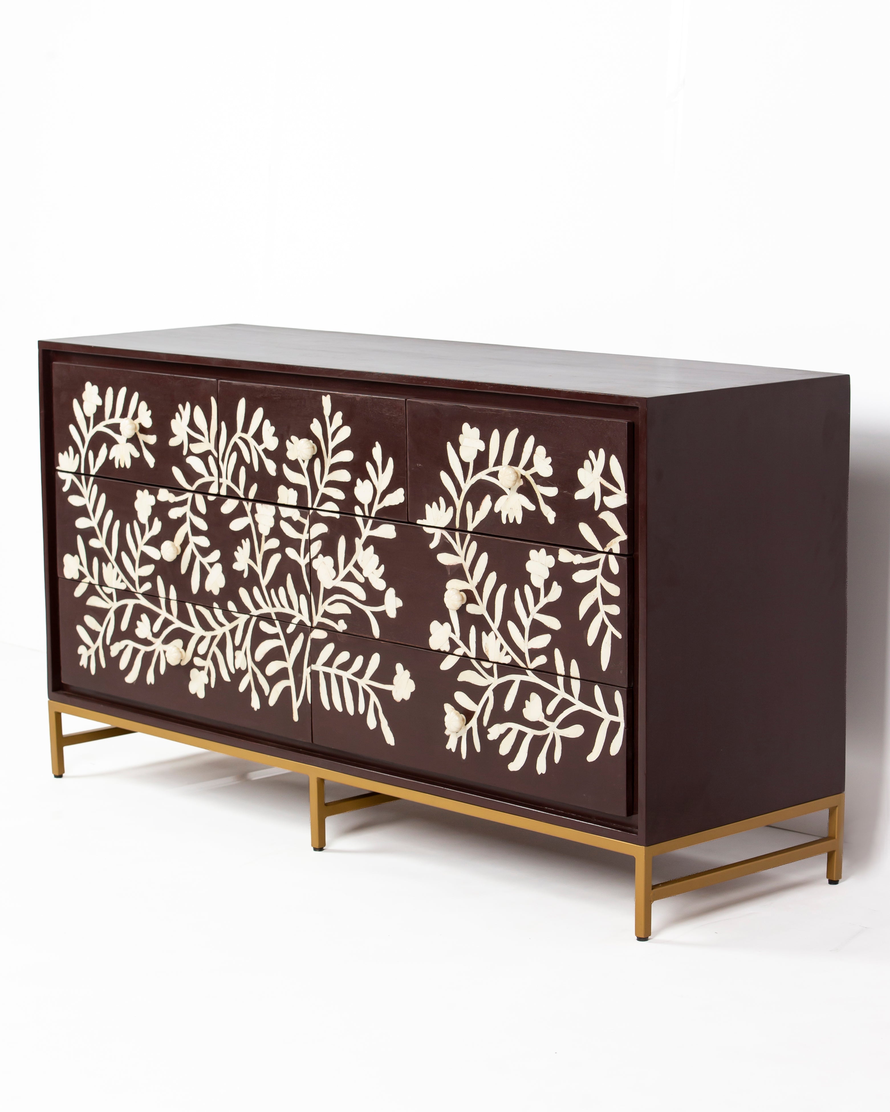 Luna burgundy bone inlay chest of drawers, angled view