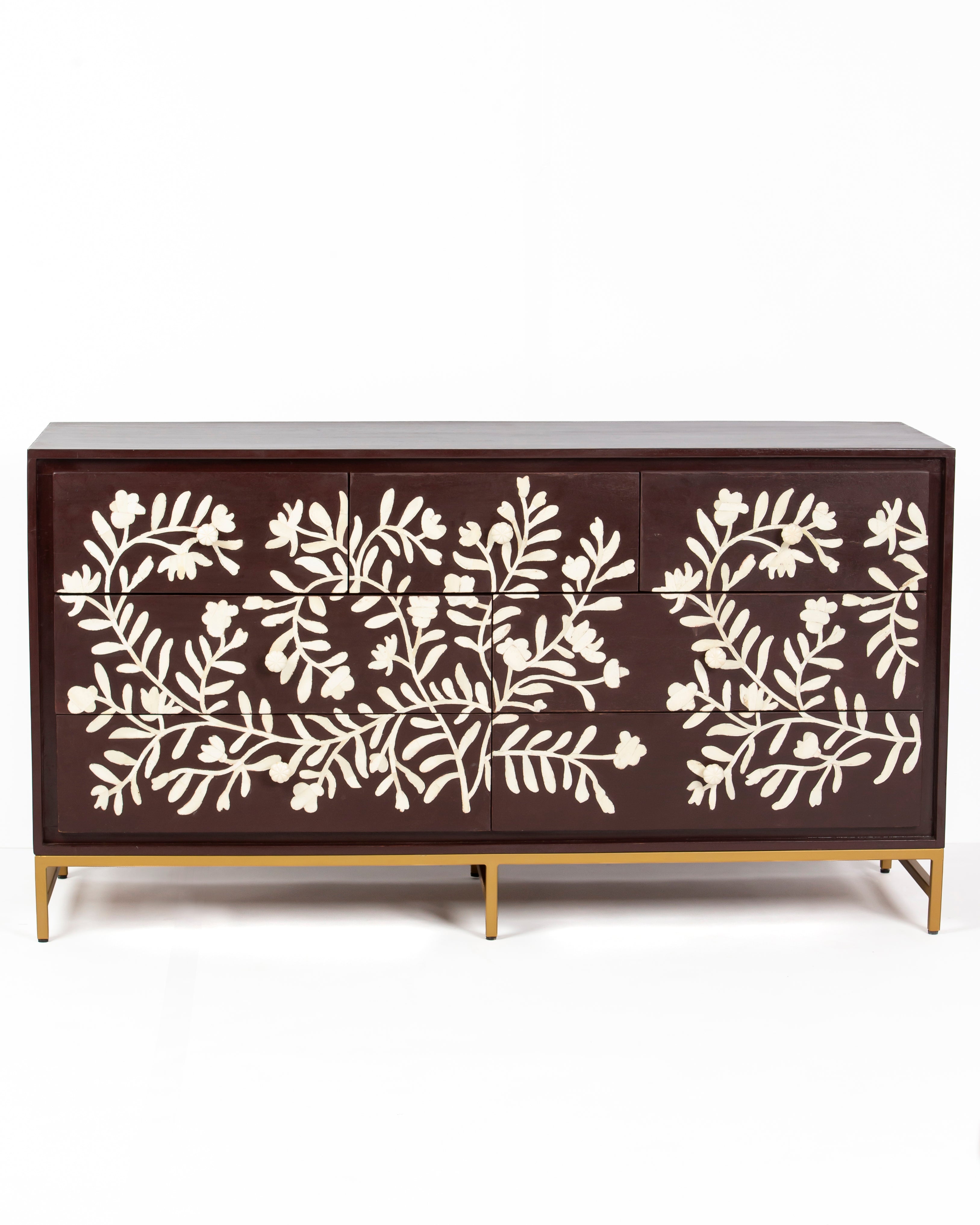 Luna burgundy chest of drawers with white floral bone inlay, front view