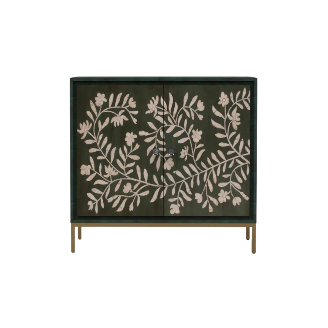 Handcrafted green cabinet with floral mother of pearl inlay, featuring intricate detailing and elegant modern design.