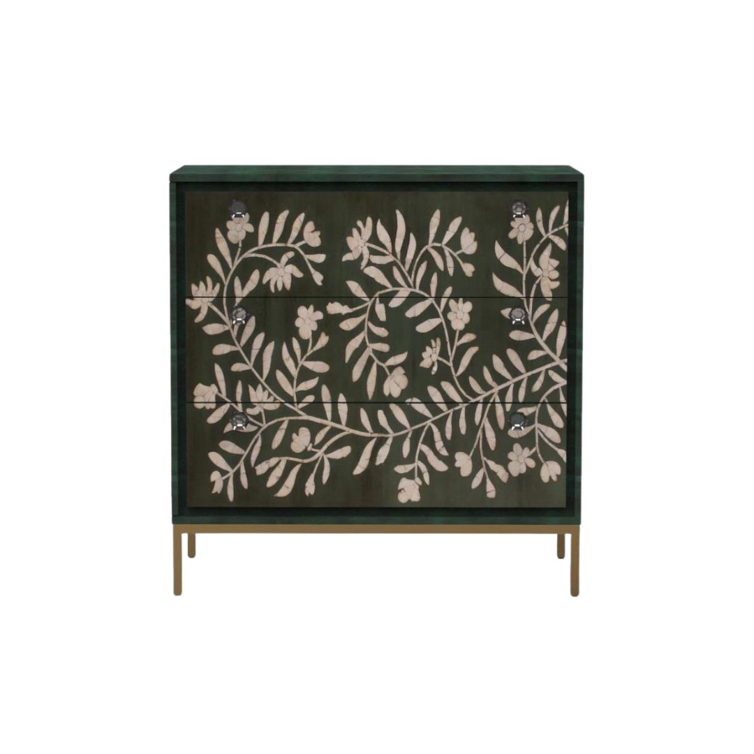 Handcrafted green chest of drawers with floral mother of pearl inlay, three spacious drawers, and gold legs for a refined, modern look.