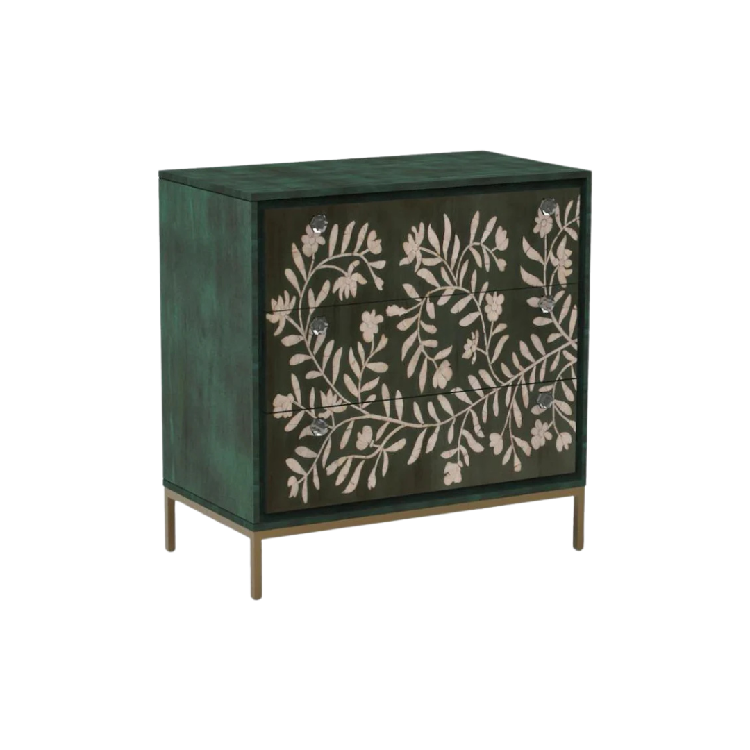 Handcrafted green chest of drawers with floral mother of pearl inlay, three spacious drawers, and gold legs for a refined, modern look.