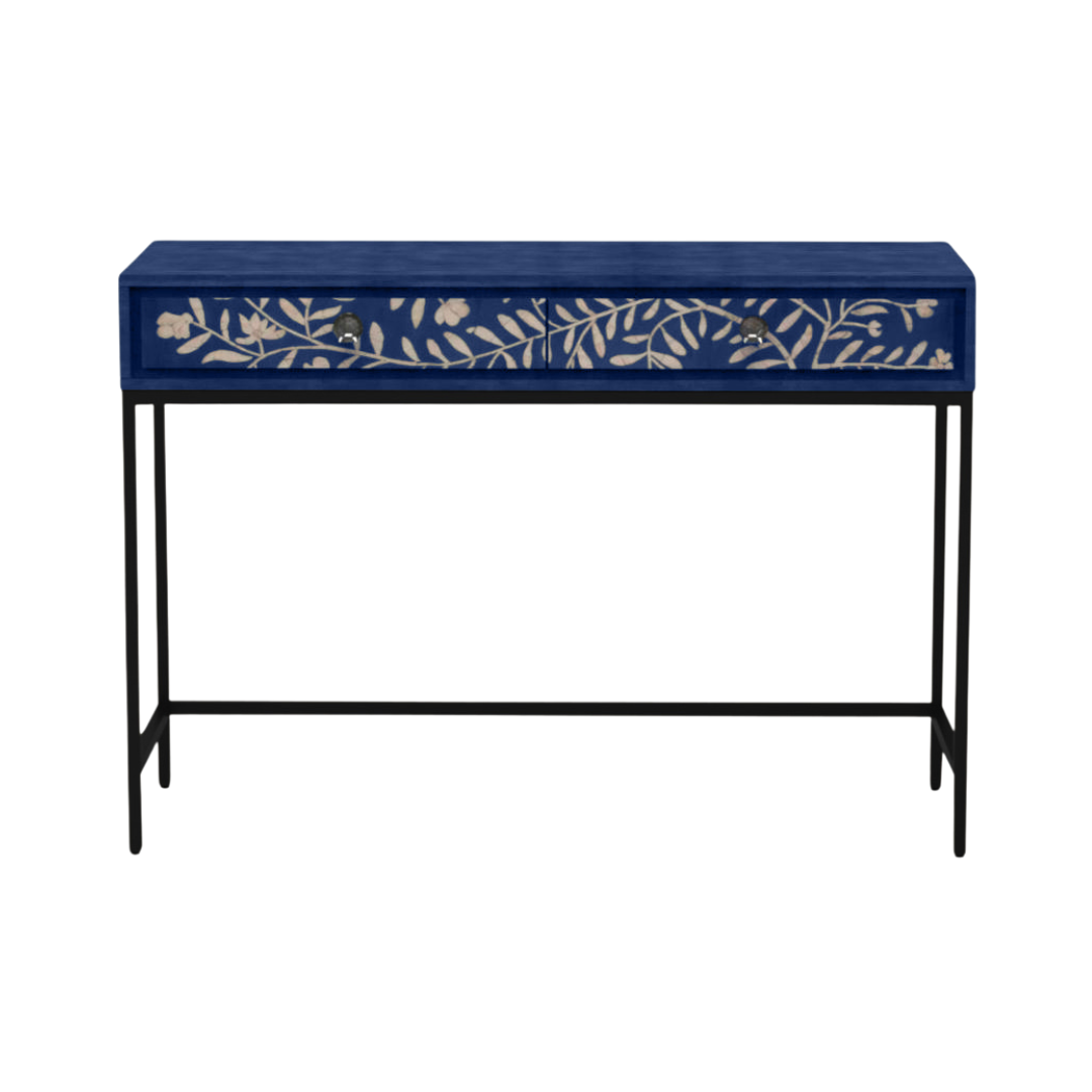 Handcrafted blue console table with floral mother of pearl inlay, three spacious drawers, and sleek black legs for a refined, modern look.