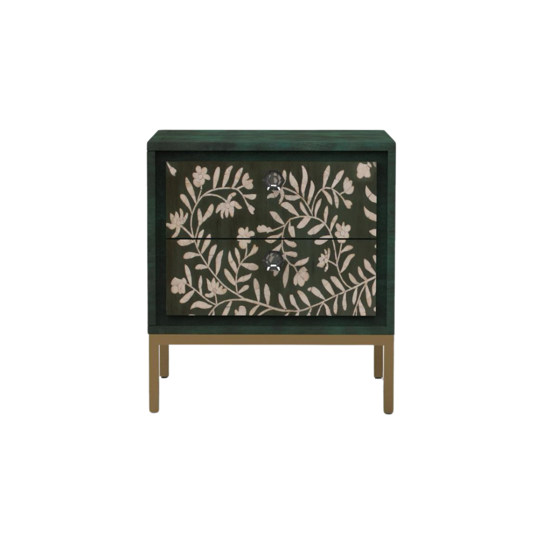 Handcrafted green side drawer with floral mother of pearl inlay, two drawers, and gold legs for refined and practical storage.
