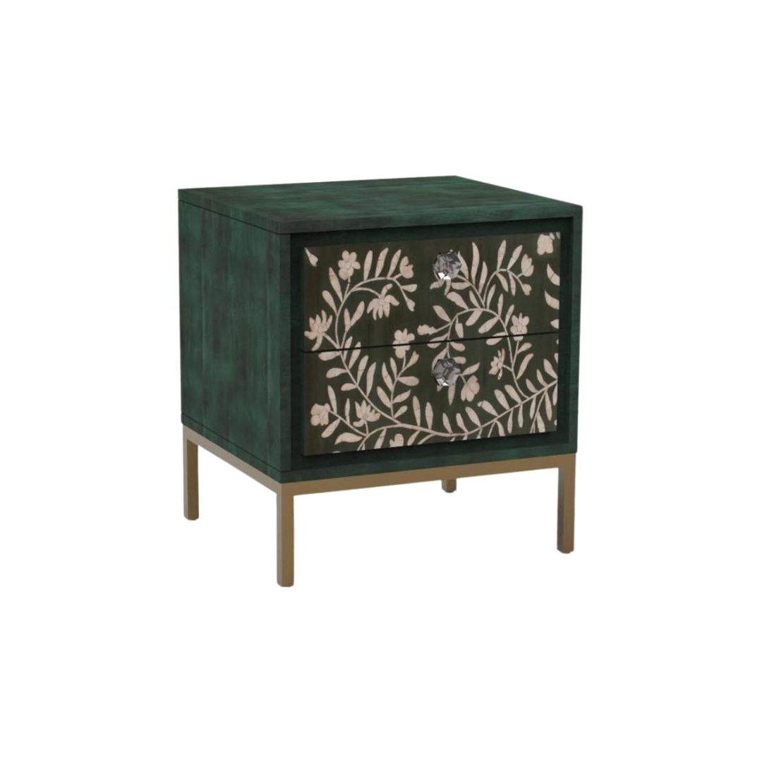 Handcrafted green side drawer with floral mother of pearl inlay, two drawers, and gold legs for refined and practical storage.