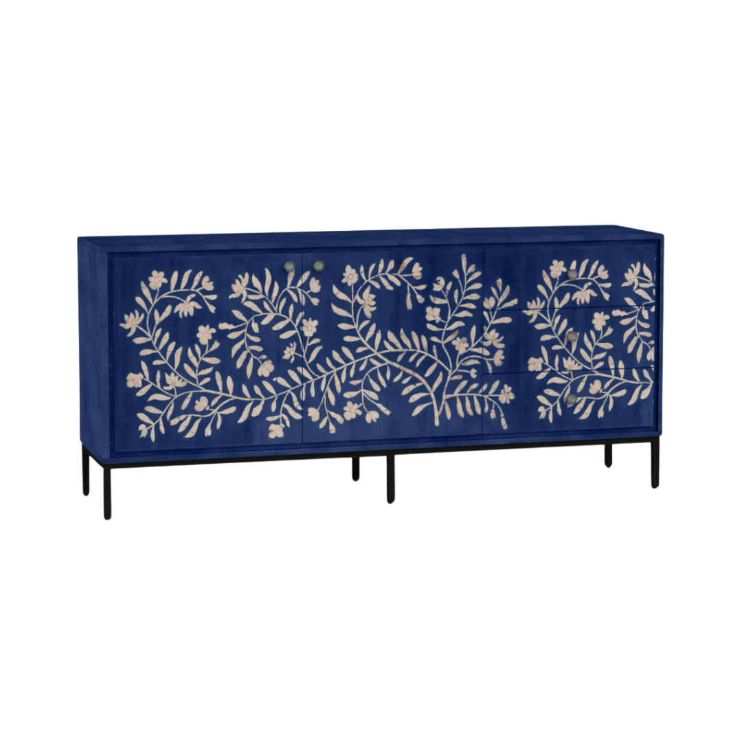 Handcrafted blue sideboard with floral mother of pearl inlay, two doors, three spacious drawers, and sleek black legs for refined storage.