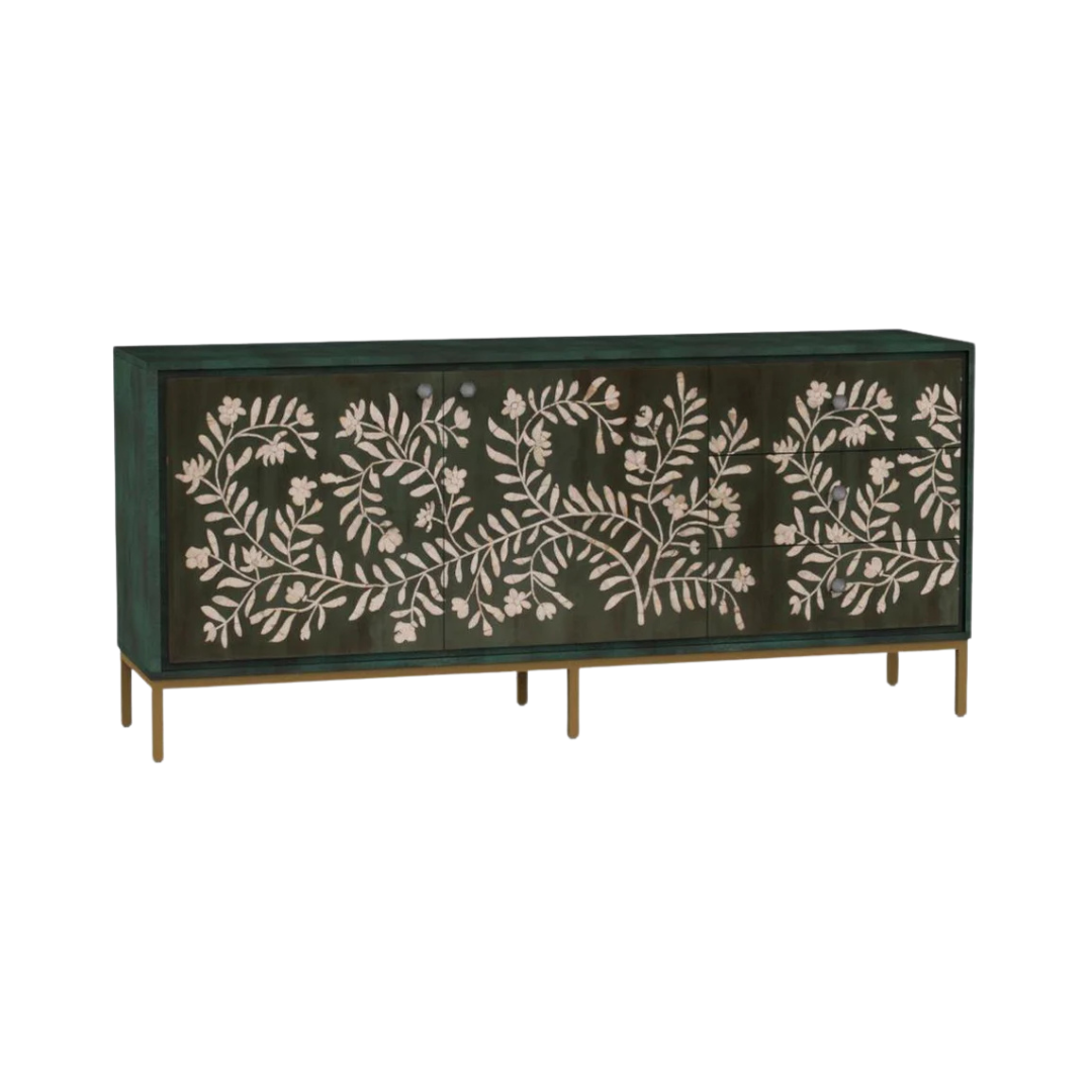 Handcrafted green sideboard with floral mother of pearl inlay, two doors, three spacious drawers, and sleek black legs for refined storage.