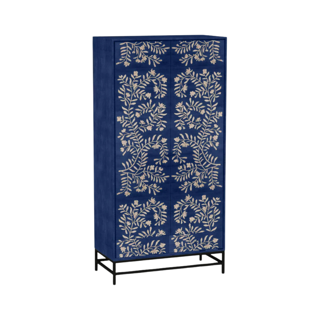 Handcrafted tall cabinet with floral mother of pearl inlay, two doors, and ample storage for use as a wardrobe or shoe cabinet.