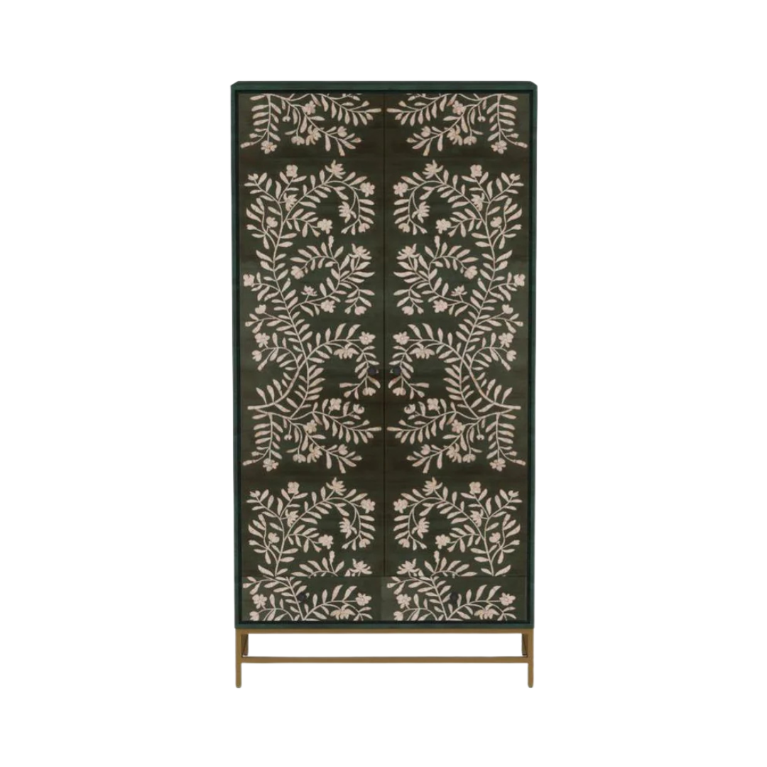 Handcrafted tall cabinet with floral mother of pearl inlay, two doors, and ample storage for use as a wardrobe or shoe cabinet.