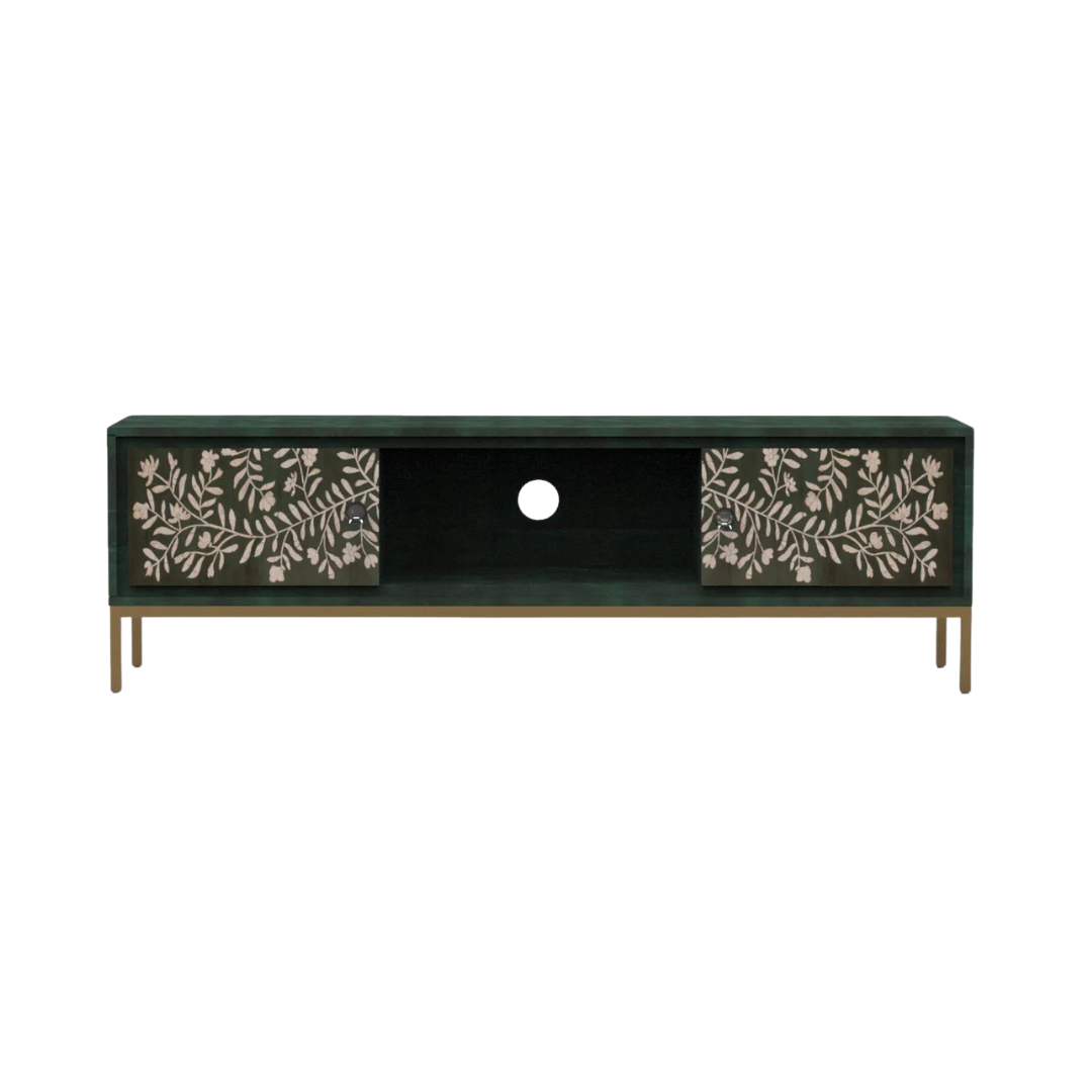 Handcrafted green TV unit with floral mother of pearl inlay, two spacious cabinets, and central wiring access for a refined, modern setup.