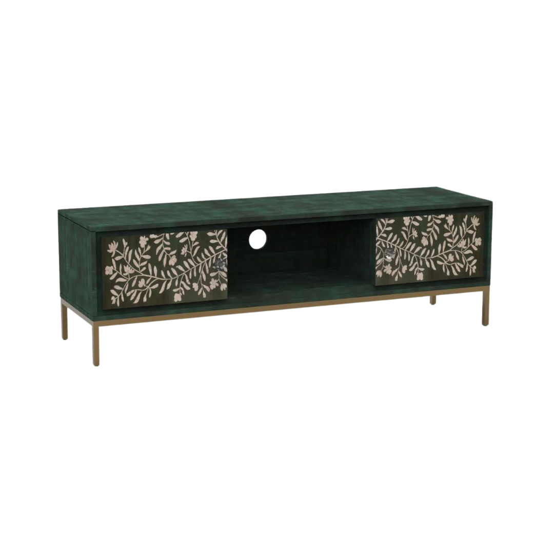 Handcrafted green TV unit with floral mother of pearl inlay, two spacious cabinets, and central wiring access for a refined, modern setup.