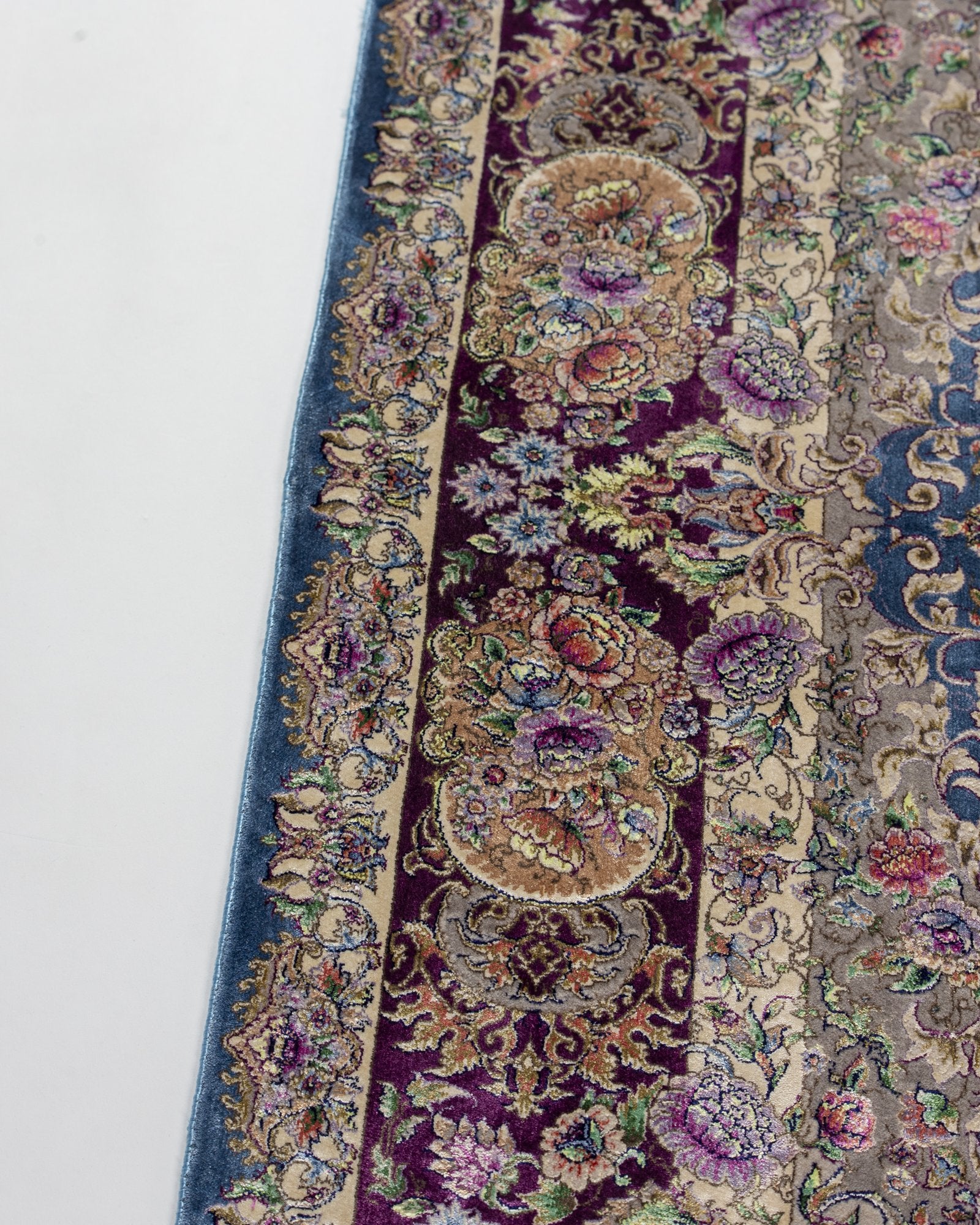 Mahtab Persian silk and wool carpet pile texture close-up, blue 225x150 cm - Tabeer Homes Dubai