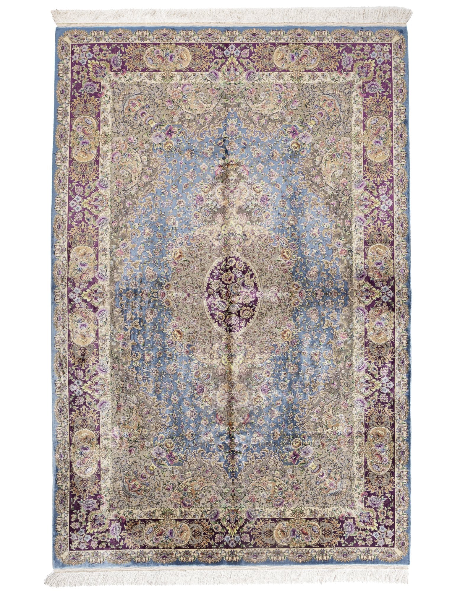 Mahtab Persian silk and wool carpet 225x150 cm in blue, full overhead view - Tabeer Homes Dubai