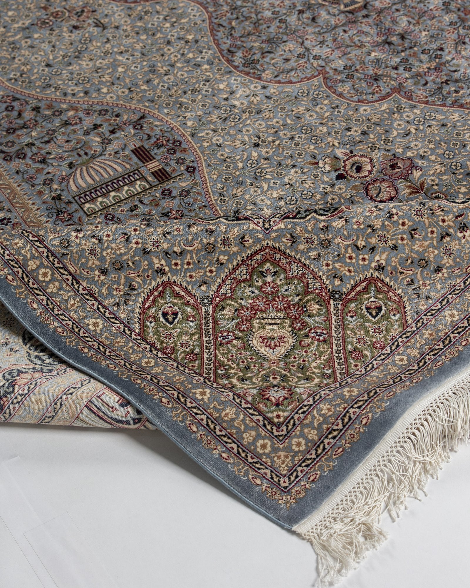 Mehrnaz Persian silk rug edge binding and back detail, silver grey 200 x 300 cm - Tabeer Homes Dubai