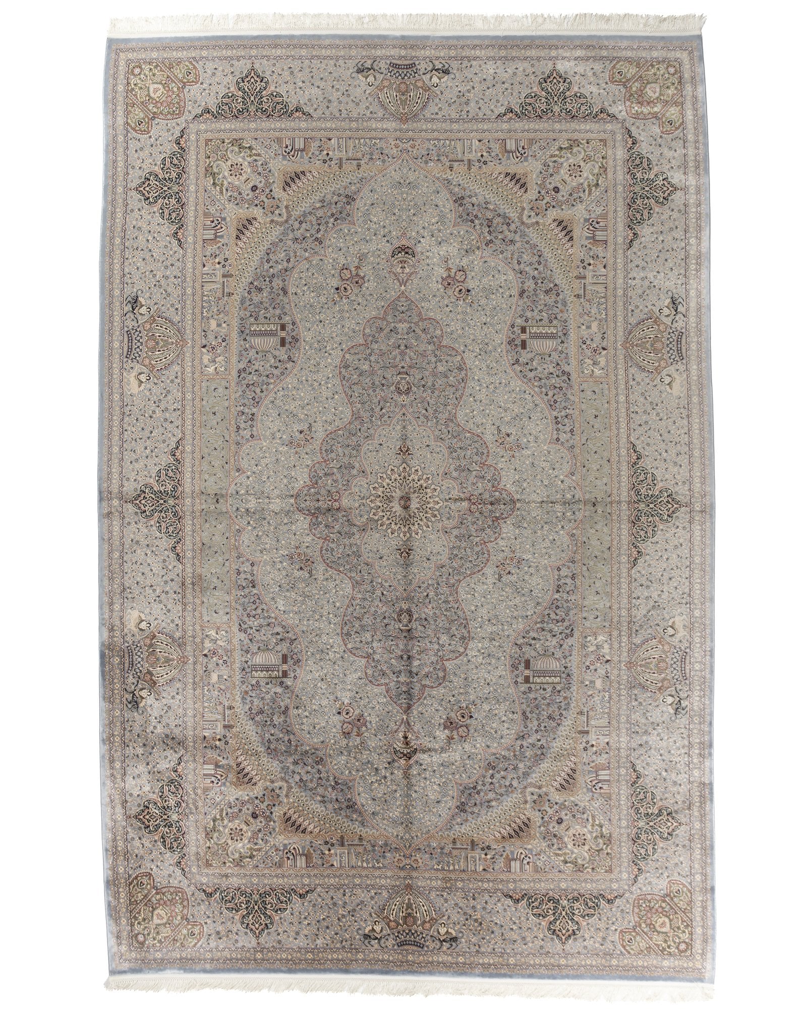 Mehrnaz Persian silk carpet 200 x 300 cm in silver grey, full overhead view - Tabeer Homes Dubai