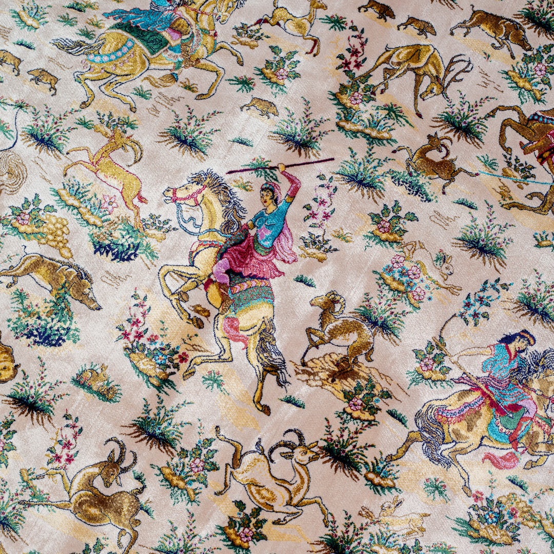 Luxurious silk rug with warriers and horses detailing and ornate floral border in rich tones. Intricate details handwoven for timeless appeal.