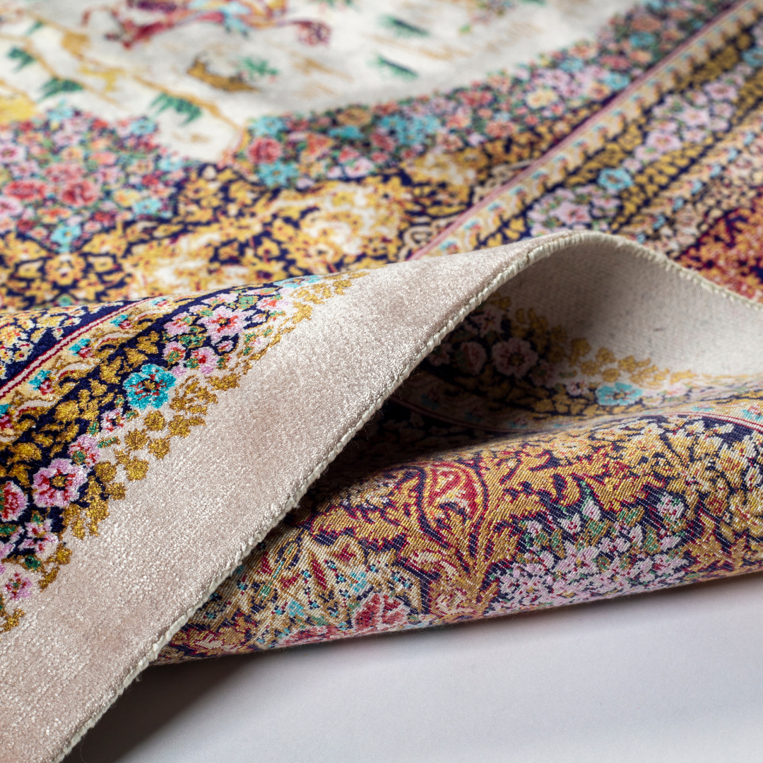 Luxurious silk rug with warriers and horses detailing and ornate floral border in rich tones. Intricate details handwoven for timeless appeal.