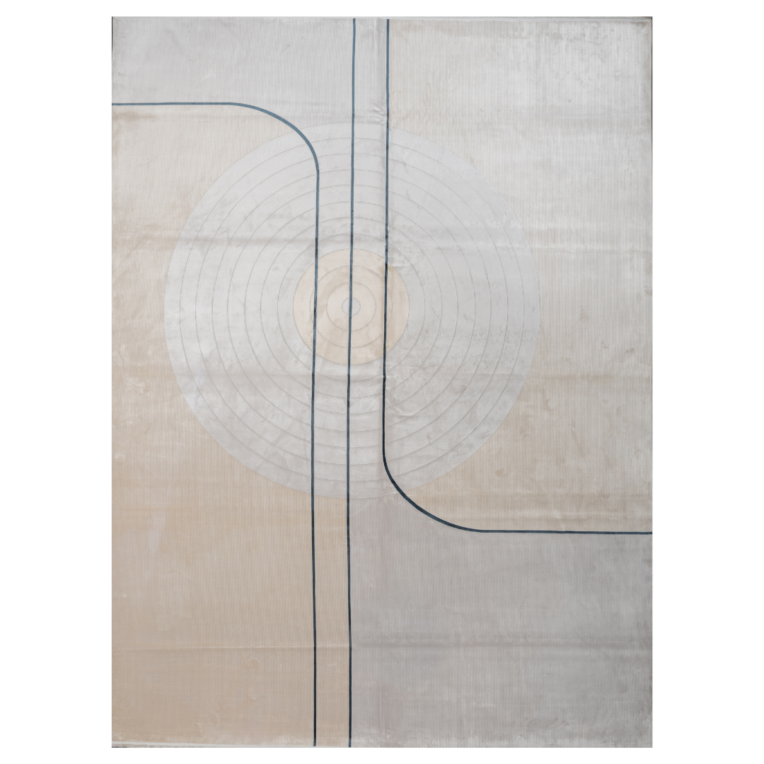 Naroa Cotton Rug with soft ivory and grey tones, navy geometric lines, texture, size 400x300 cms.
