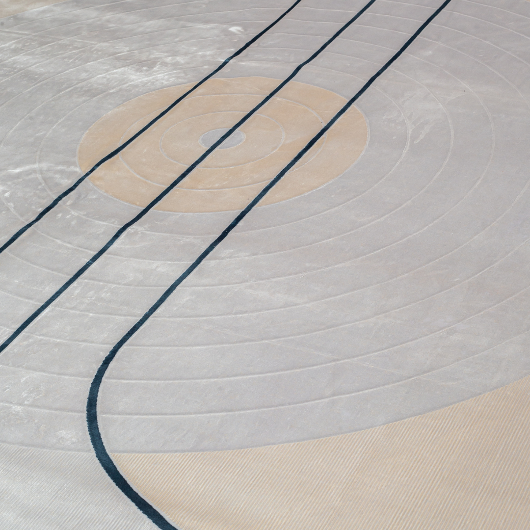 Naroa Cotton Rug with soft ivory and grey tones, navy geometric lines, texture, size 400x300 cms.