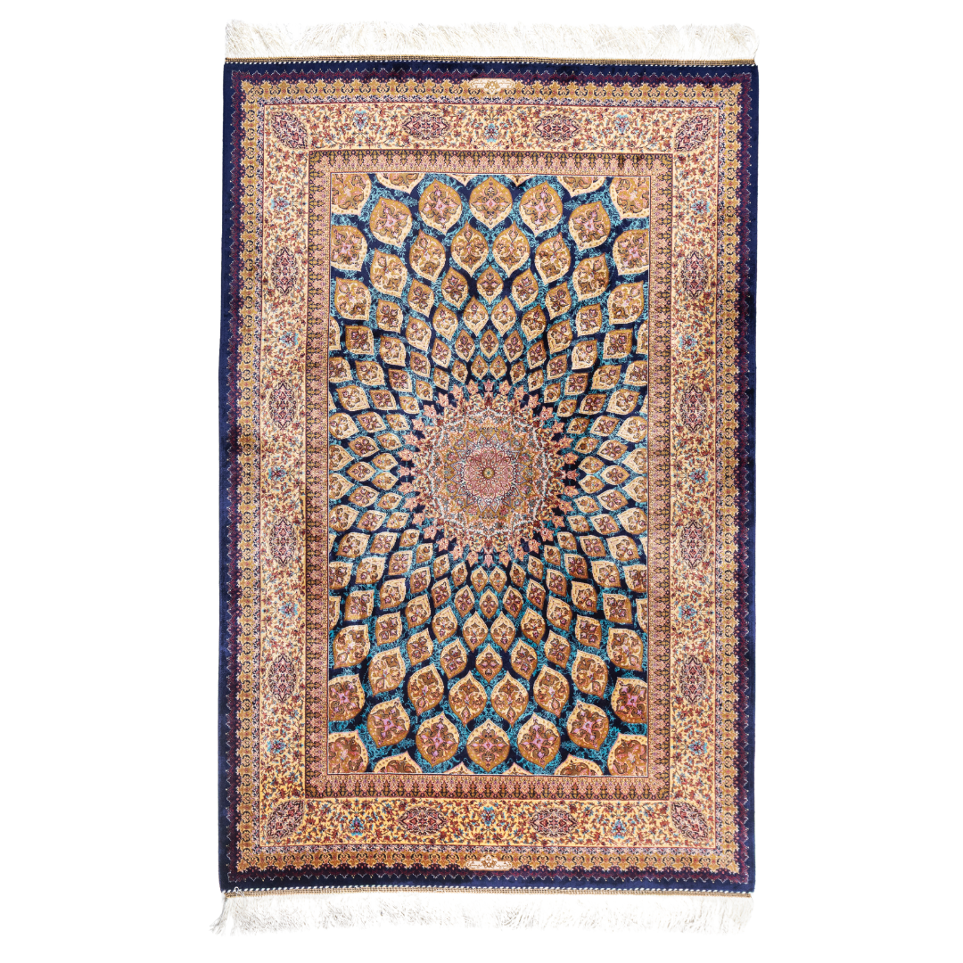 Navira silk rug featuring a medallion and floral design in navy, ruby, teal, and ivory. Size: 150x100 cms.
