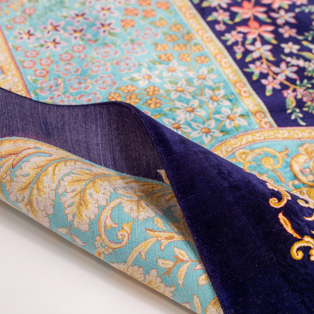 200x300 silk rug with multicolored bird and floral motifs, gold-turquoise borders, and detailed woven craftsmanship.