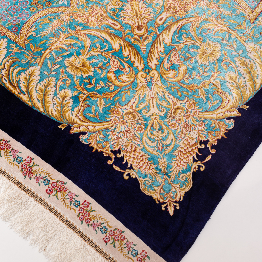 200x300 silk rug with multicolored bird and floral motifs, gold-turquoise borders, and detailed woven craftsmanship.