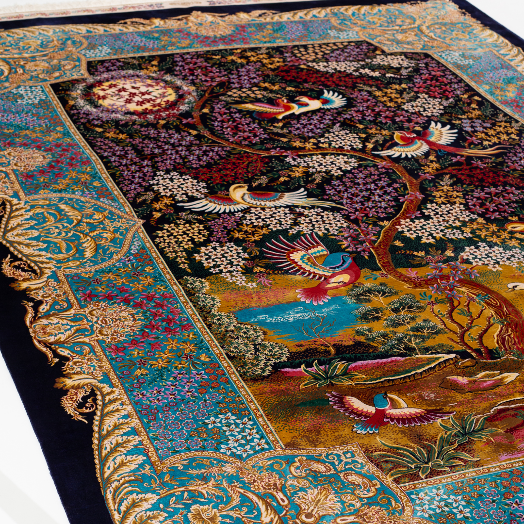 200x300 silk rug with multicolored bird and floral motifs, gold-turquoise borders, and detailed woven craftsmanship.
