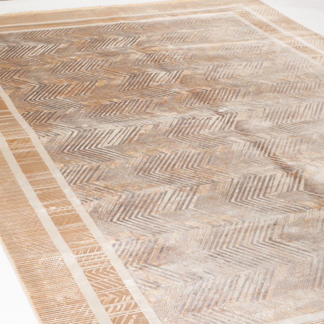 Neris cotton Rug in 200x300 cms featuring a beige chevron design, soft sheen finish, and double border detailing.
