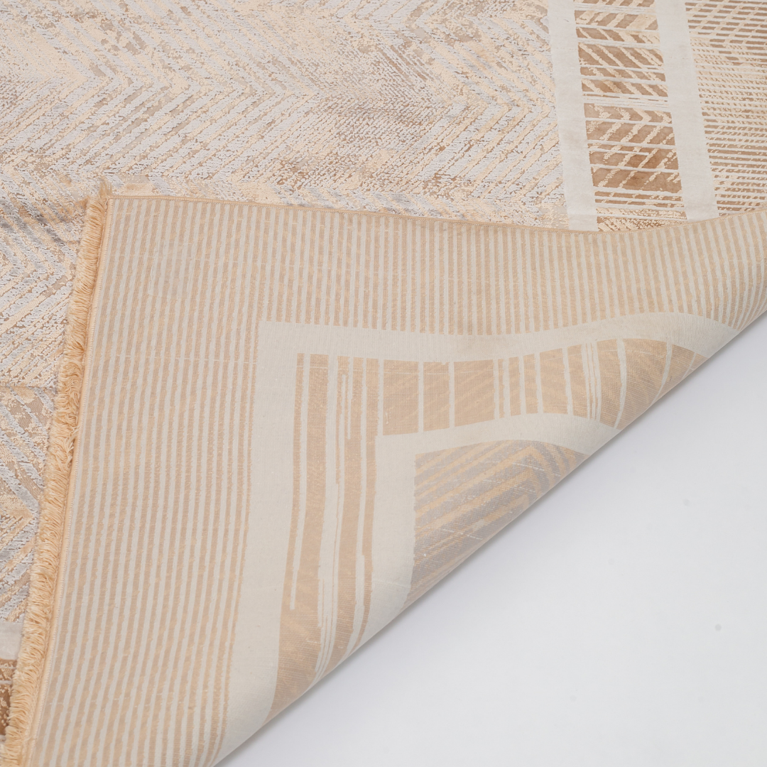 Neris cotton Rug in 200x300 cms featuring a beige chevron design, soft sheen finish, and double border detailing.