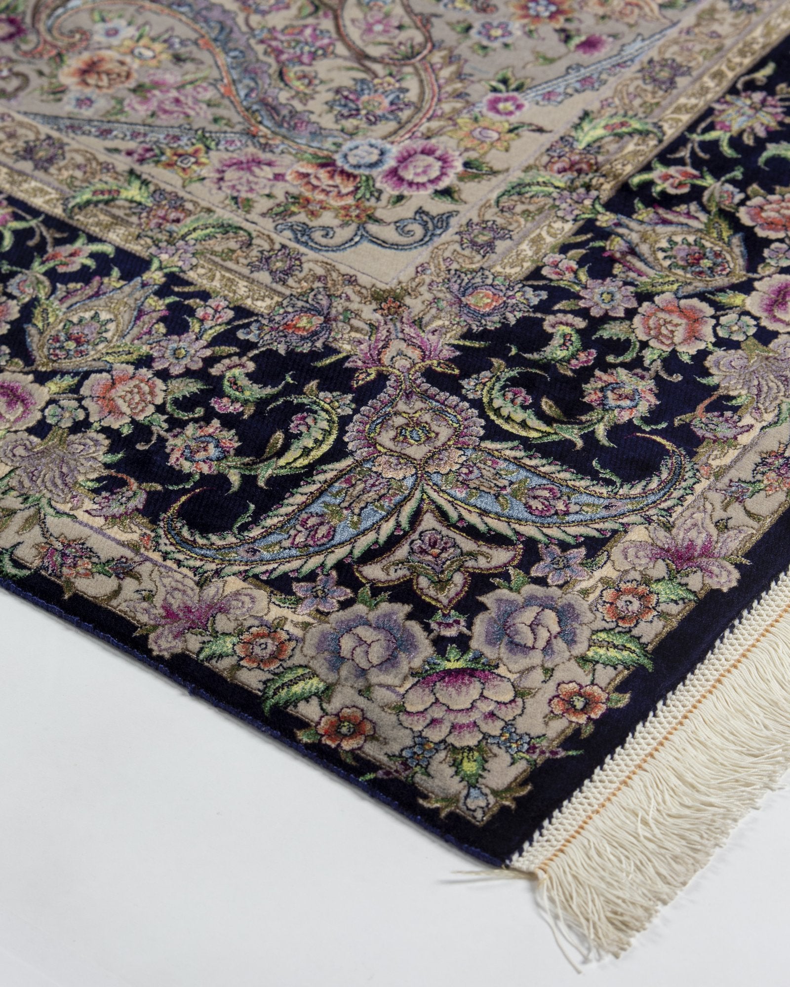 Niloufar Persian silk and wool carpet corner and fringe detail, navy 225x150 cm - Tabeer Homes Dubai