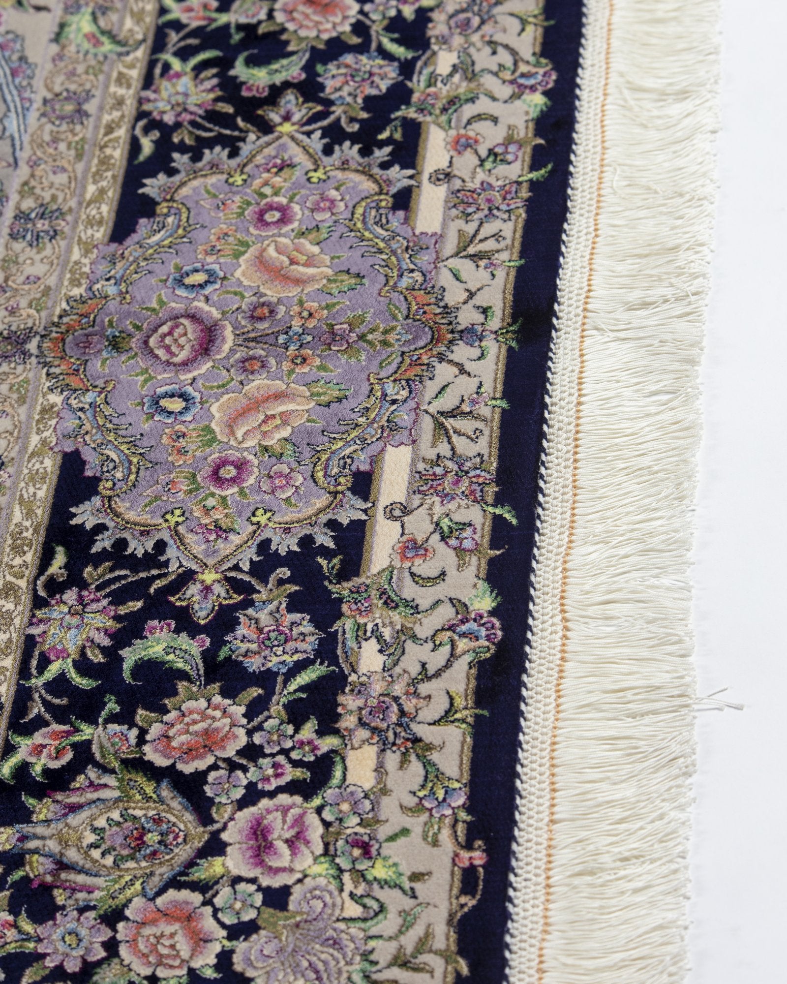 Niloufar Persian silk and wool carpet pile texture close-up, navy 225x150 cm - Tabeer Homes Dubai